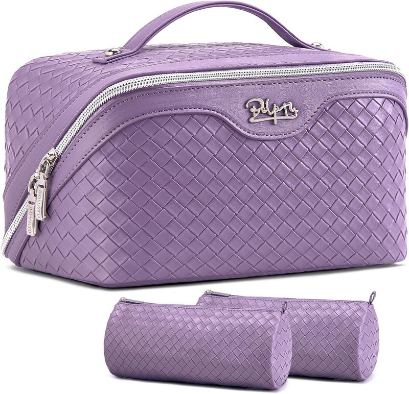 BOYATU Travel Makeup Bag Cosmetic Bags for Women: Large Capacity 3 Pcs Set Make up Bag with Compartments - Waterproof Vegan Leather Toiletry Organizer Bags with Handle (L01 Purple) - Image 1